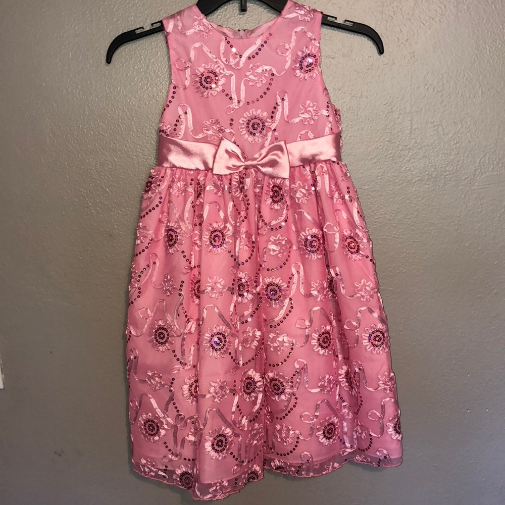 Girls Pink Dress with Sequin and Ribbon Design